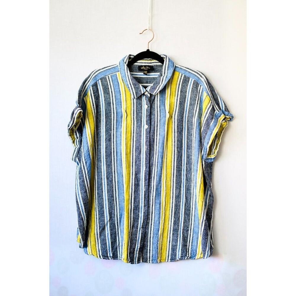 Melissa Paige 2x Striped Linen blend button down short sleeve blouse top